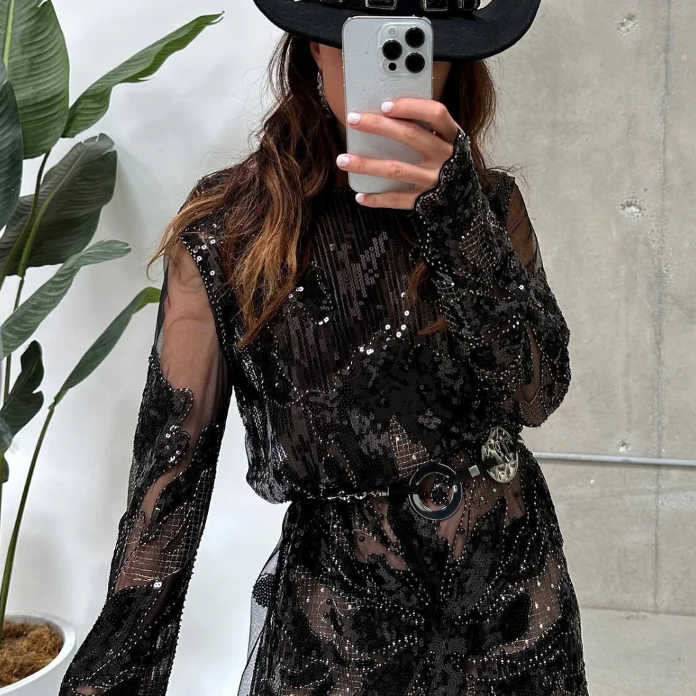 12th Tribe Black Sequin Long Sleeve mini Dress- Amber Nights